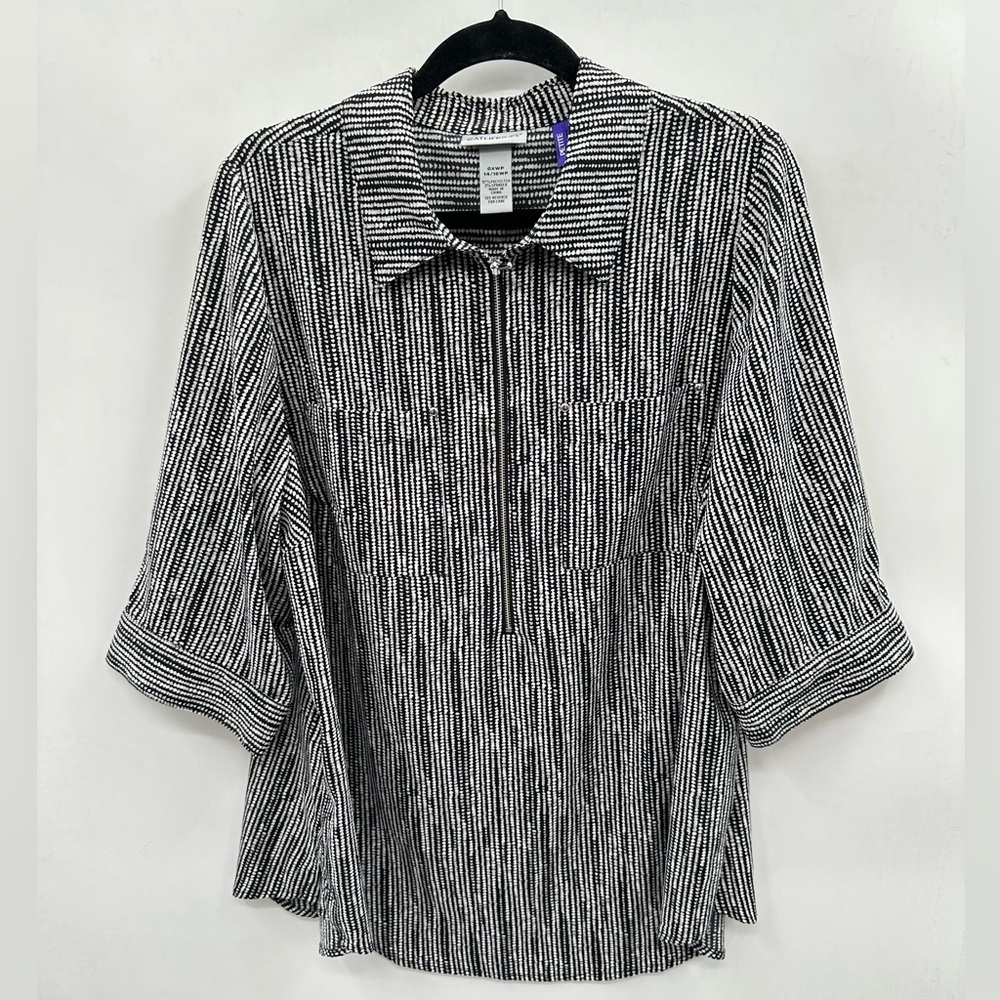 CATHERINES 14/16WP black-white 1/2 zip popover poly plus size coastal blouse